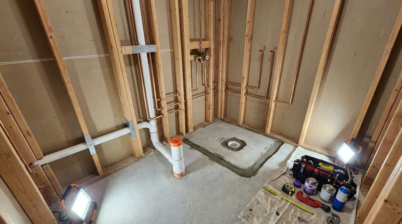 Bathroom rough-in plumbing during remodel by Johns Plumbing LLC in Kennebec