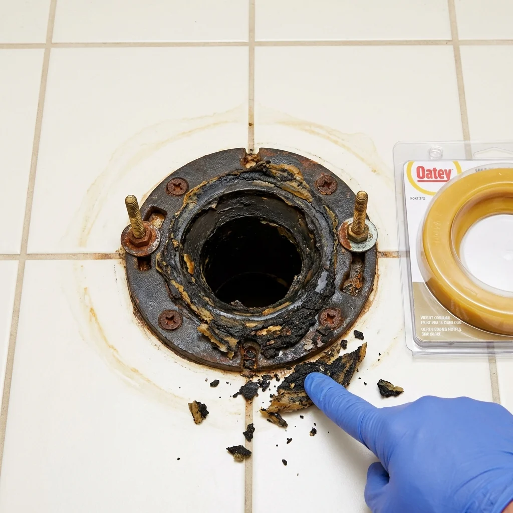Failed wax ring showing water seepage at the base of a toilet in a Kennebec, SD home